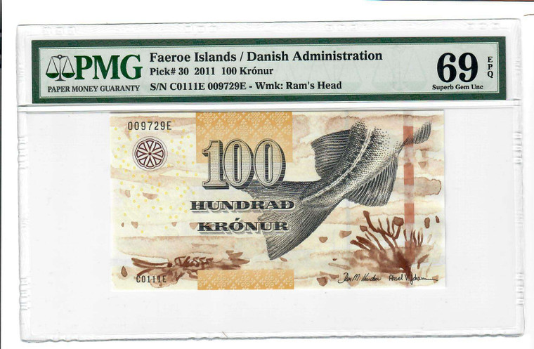 FAEROE FAROE ISLANDS p30 BANKNOTE 100 KRONUR 2011 PMG 69