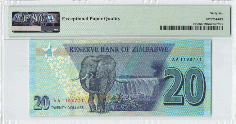 Zimbabwe 2020 Elephant P-104a PMG Gem UNC 66 EPQ 20 Dollars banknote