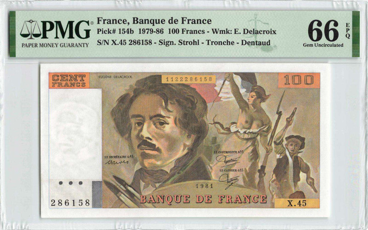 France 1981 P-154b PMG Gem UNC 66 EPQ 100 Francs banknote