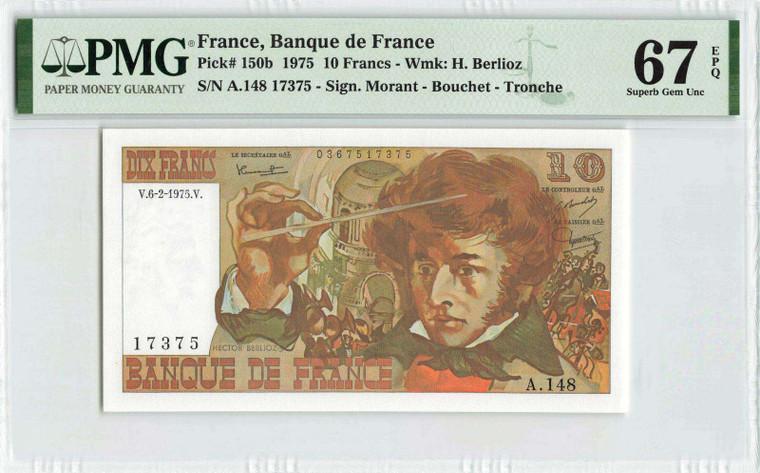 France 6.2.1975 P-150b PMG Superb Gem UNC 67 EPQ 10 Francs banknote