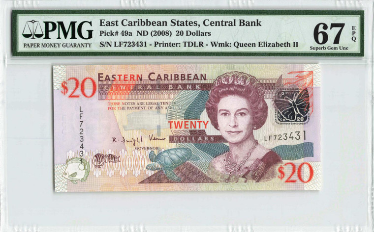 East Caribbean States ND (2008) P-49a PMG Superb Gem UNC 67 EPQ 20 Dollars banknote QEII