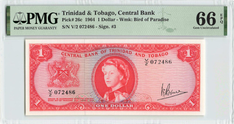 Trinidad & Tobago 1964 P-26c PMG Gem UNC 66 EPQ 1 Dollar banknote QEII