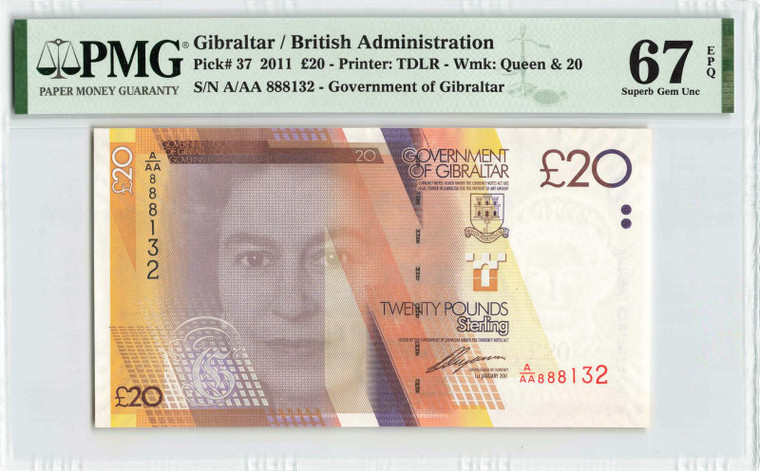 Gibraltar 2011 P-37 PMG Superb Gem UNC 67 EPQ 20 Pounds banknote QEII