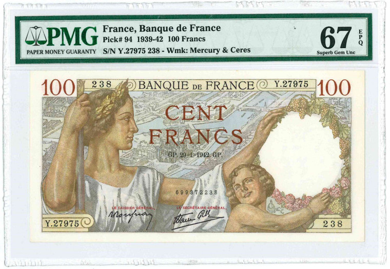 France 100 Francs p94 Banknote 1939-1942 UNC PMG 67