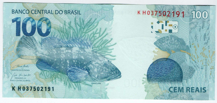 BRAZIL 100 REAIS UNC BANKNOTE 2010 (2020) GROUPER FISH
