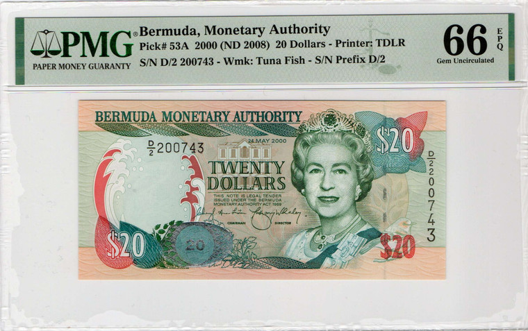 Bermuda 20 Dollars 2000 QEII Banknote P53a PMG 66 EPQ