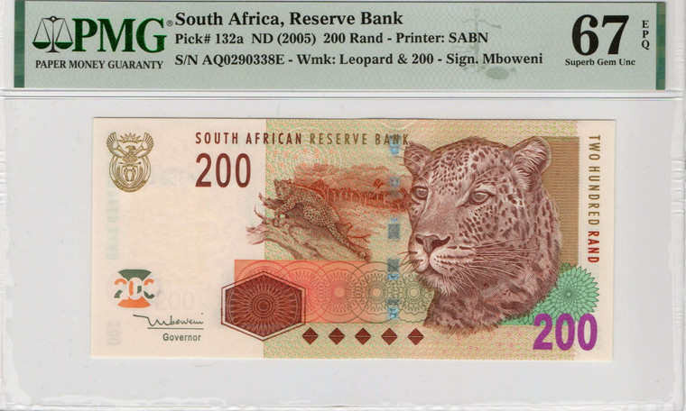 South Africa 200 Rand 2005 Banknote P132a PMG 67 EPQ LEOPARD
