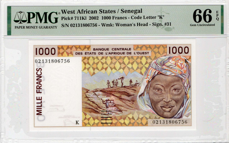West African Senegal 1000 Francs 2002 P711KI PMG66 EPQ