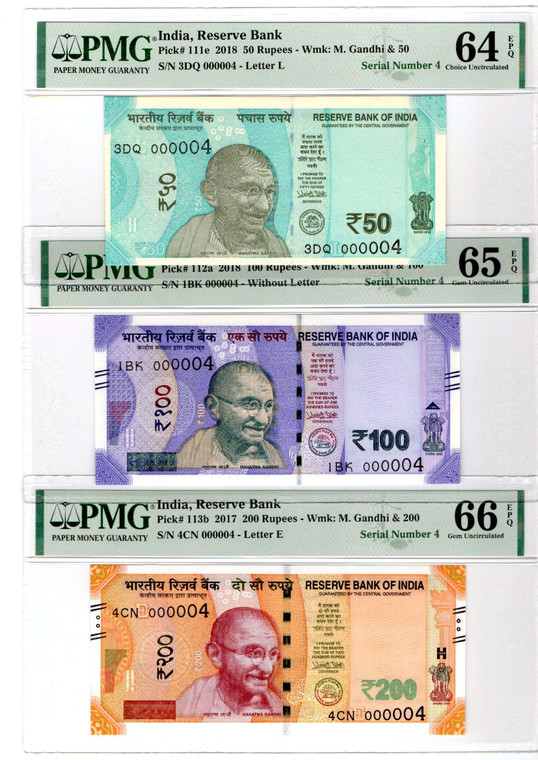 INDIA NEW 2016 - 2019 SET OF 200 100 50 RUPEES GEM UNC LOW SERIAL 4 PMG GRADED