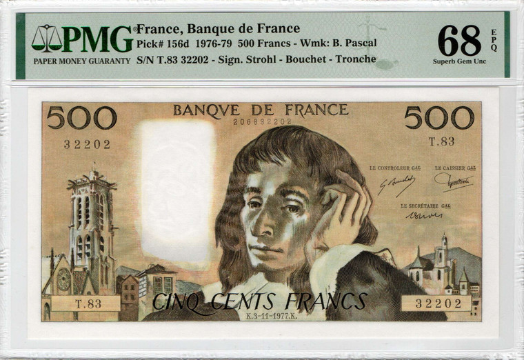 FRANCE 1977 500 FRANCS BANKNOTE P156D PMG 68 EPQ TOP POP 1