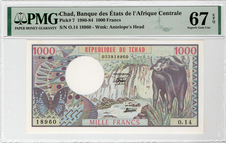 Chad 1000 Francs Banknote P7 1980-84 PMG67 EPQ