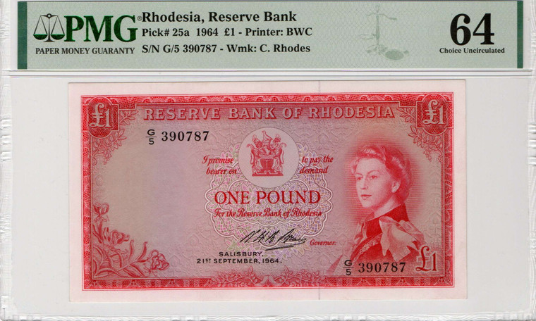 RHODESIA 1 POUND BANKNOTE 1964 QEII p25a UNC PMG 64