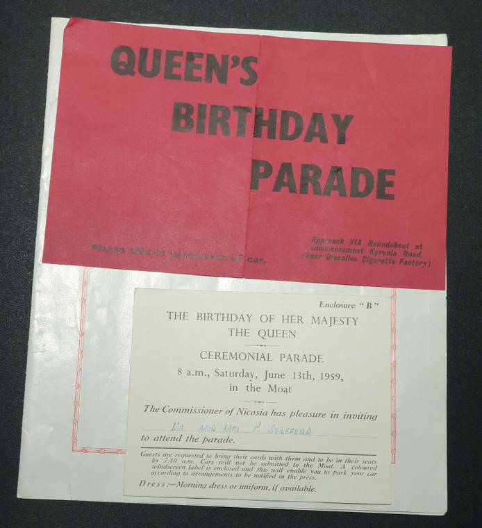 CYPRUS PERSONAL INVINTATION FOR CEREMONIAL PARADE QUEEN ELIZABETH BIRTHDAY 1959