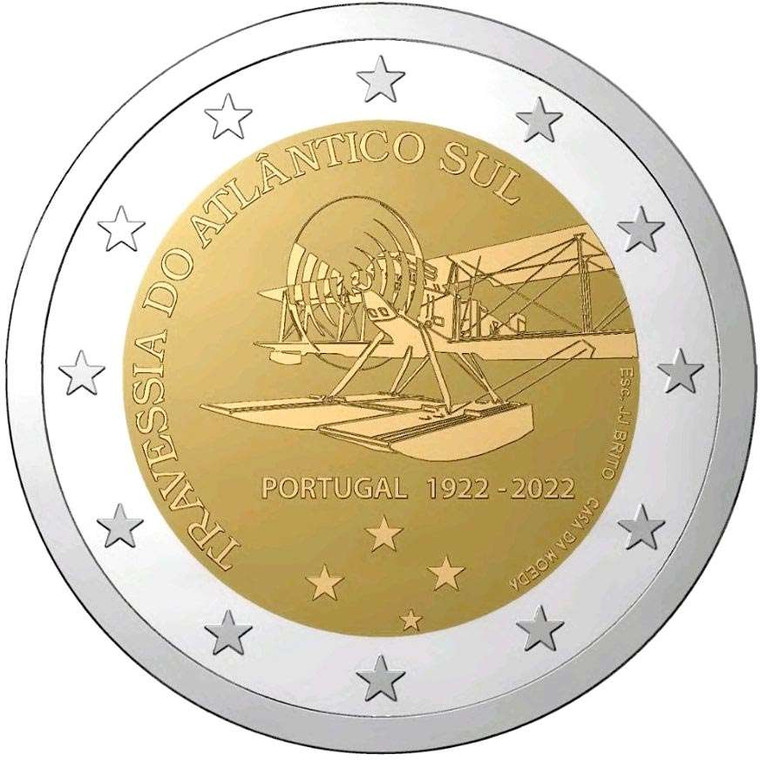 Portugal 2022 2 Euro Commemorative 100th anniversary of the first crossing of the South Atlantic by plane bu coin in capsule