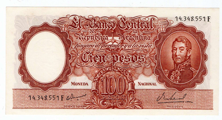 ARGENTINA 100 PESOS BANKNOTE 1957 UNC p272a