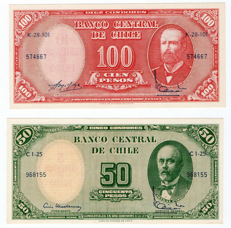 CHILE 100 AND 50 PESOS BANKNOTES 1961 UNC p126-127