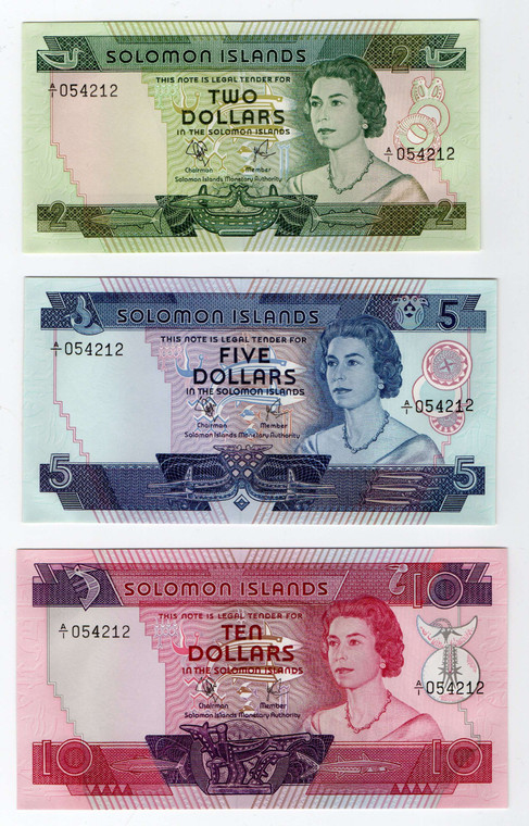 SOLOMON ISLANDS 2 5 10 DOLLARS 1977 - 1979 UNC BANKNOTE SET MATCHING SERIAL NUMBERS QEII