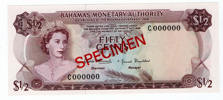 BAHAMAS 1968 1/2 DOLLAR SPECIMEN BANKNOTE QEII P26s UNC