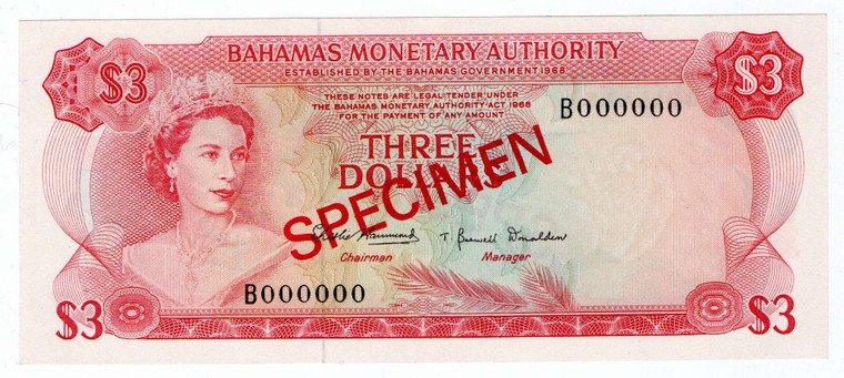 BAHAMAS 1968 3 DOLLARS SPECIMEN BANKNOTE QEII P28s UNC
