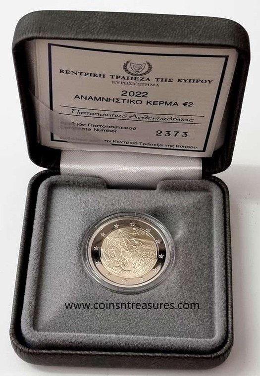 CYPRUS 2022 2 EURO UNC PROOF IN BOX WITH COA ERASMUS