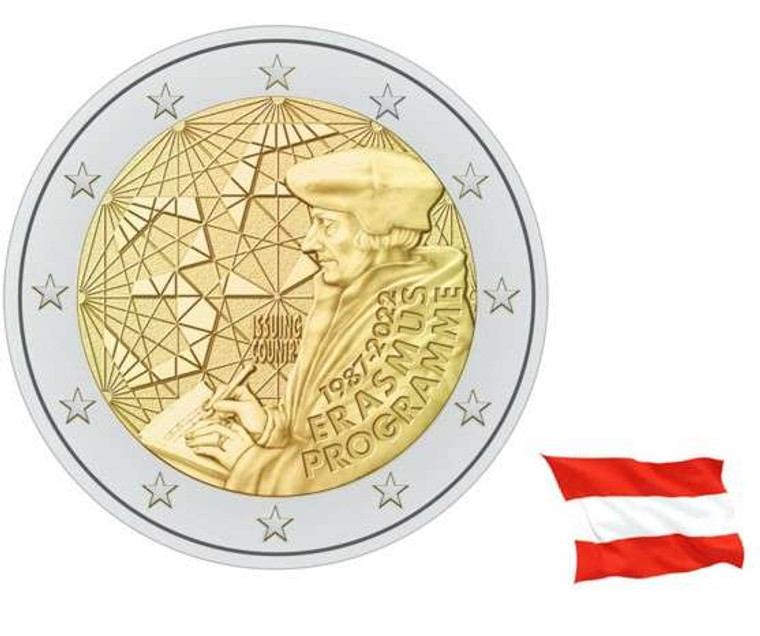 AUSTRIA 2022 2 EURO COIN UNC BU IN CAPSULE ERASMUS COMMEMORATIVE