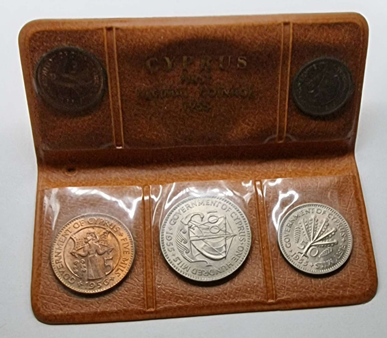 CYPRUS 1955 UNC SET OF LAST COINS OF BRITISH ADMINISTRATION QEII IN ORIGINAL WALLET
