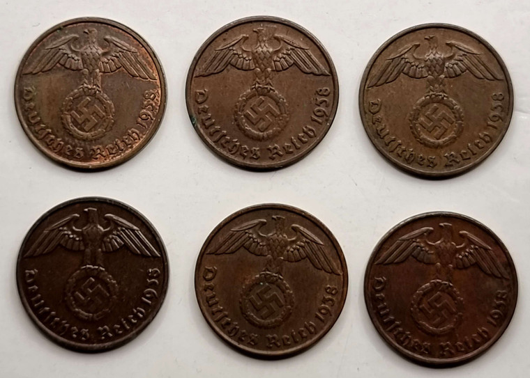 GERMANY WWII THIRD REICH 1938 SET OF 1 Reichspfennig coins A J D G E F