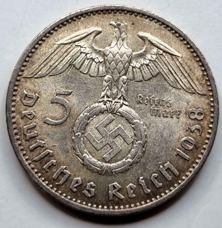 GERMANY WWII THIRD REICH 1938 A SILVER E 5 REICHSMARK HINDENBURG