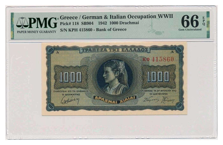 GREECE 1942 1000 Drachmai P118 BANKNOTE PMG 66 EPQ