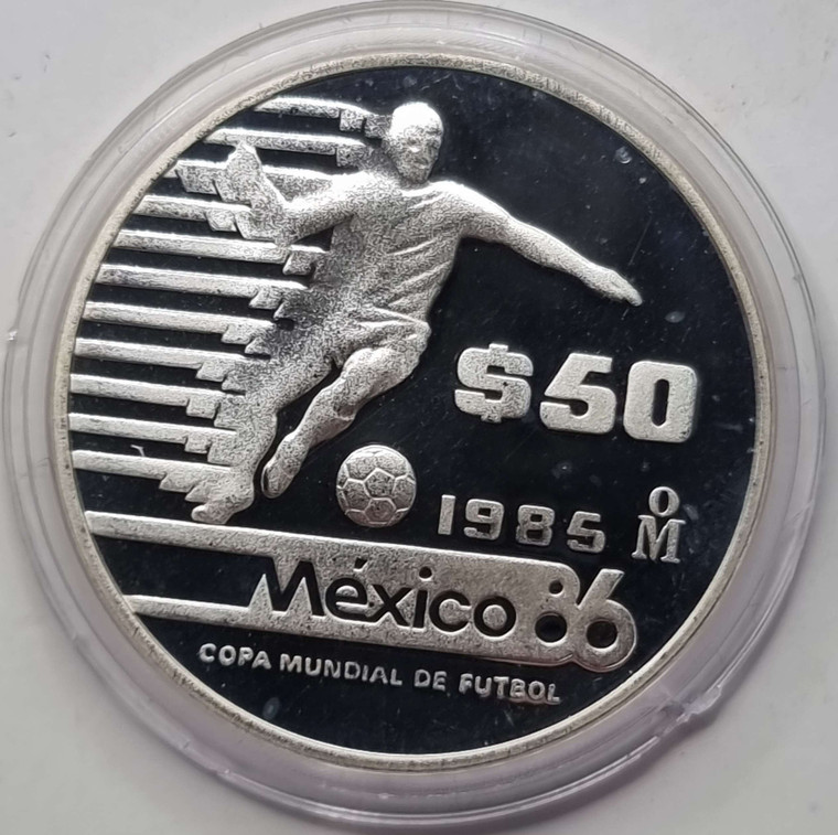 MEXICO SILVER 50 PESOS COIN 1985 WORLD CUP 1986 MUNDIAL