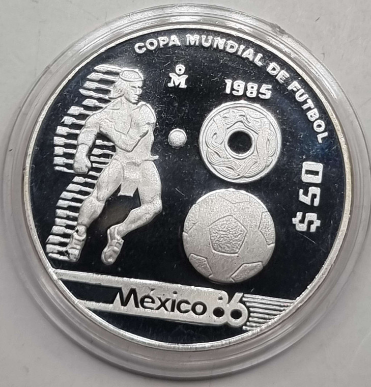 MEXICO SILVER 50 PESOS COIN 1985 WORLD CUP 1986 COPA MUNDIAL