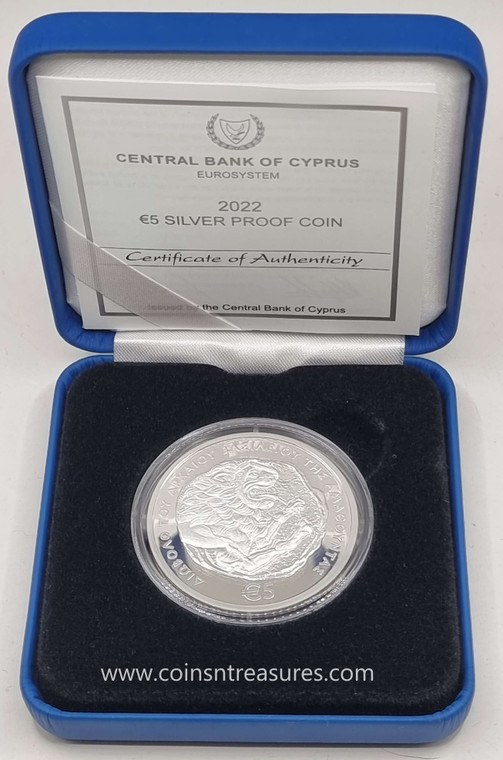 CYPRUS 2022 SILVER PROOF 5 EURO COIN ANCIENT LION OF AMATHUS