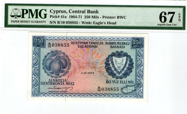 CYPRUS 250 MILS 1964 BANKNOTE GEM UNC PMG 67 p41a RARE