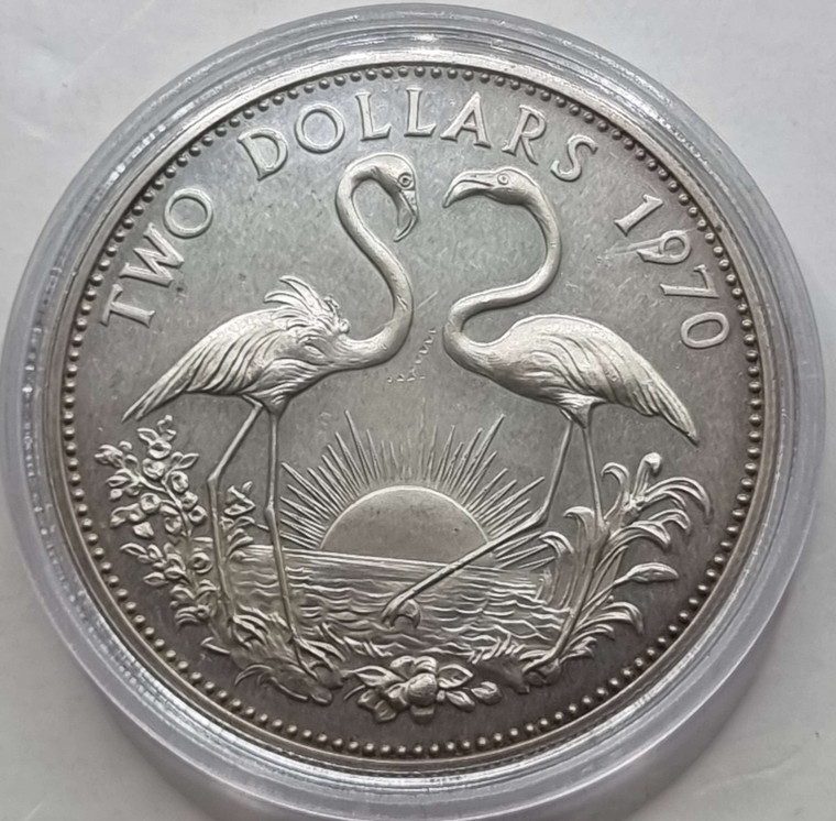 Bahamas 2 Dollars Silver coin 1970 Two Flamingos Qeii