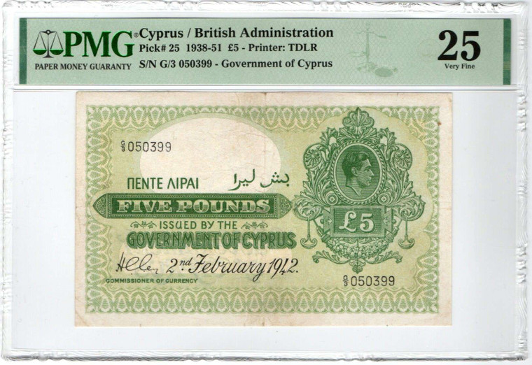 CYPRUS 5 POUND 1942 KGVI RARE BANKNOTE p25 PMG VF 25