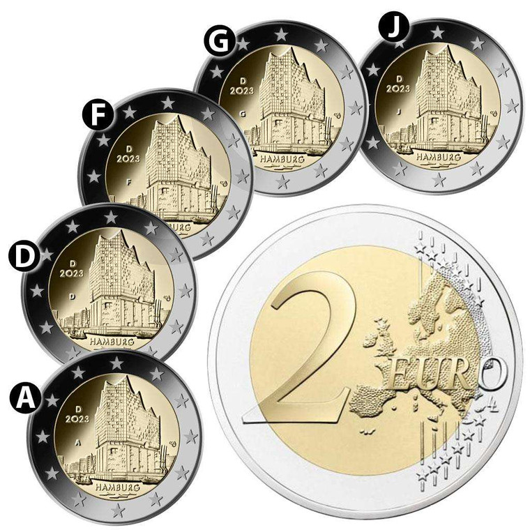 GERMANY 2023 2 EURO X 5 (A,J,F,D,G) Hamburg COINS