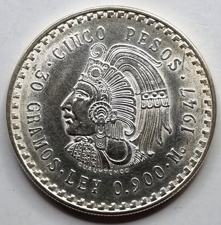 MEXICO UNC SILVER 30 GR COIN 5 PESOS 1947
