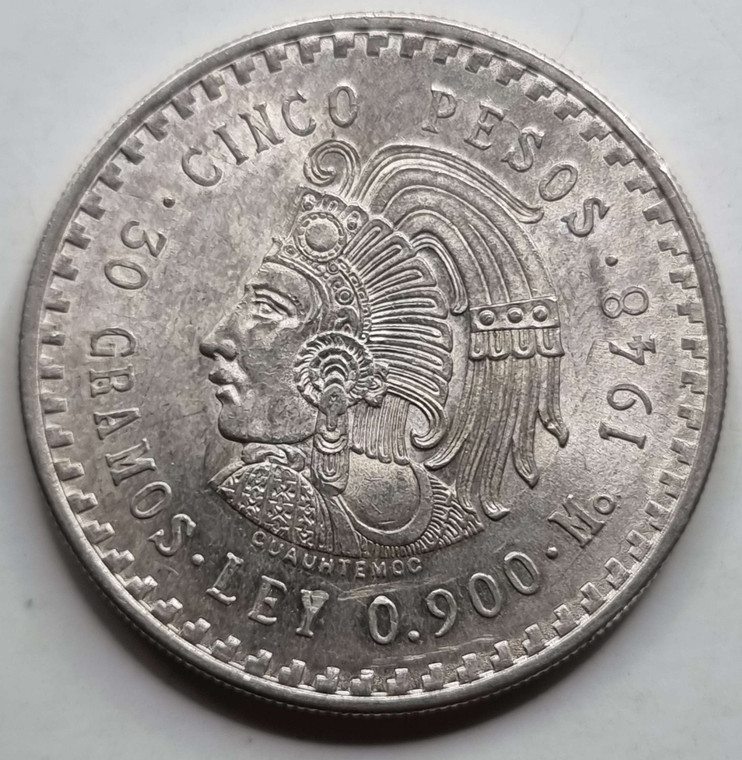 MEXICO UNC SILVER .900 30 gr. COIN 5 PESOS 1948