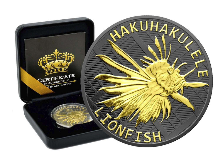 Tokelau 2022 LIONFISH Gold Black Empire Edition Silver Coin ruthenium and gold gilded