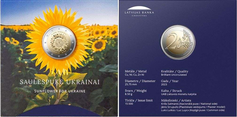 LATVIA 2023 SUNFLOWER FOR UKRAINE 2 EURO BU COIN IN CARD