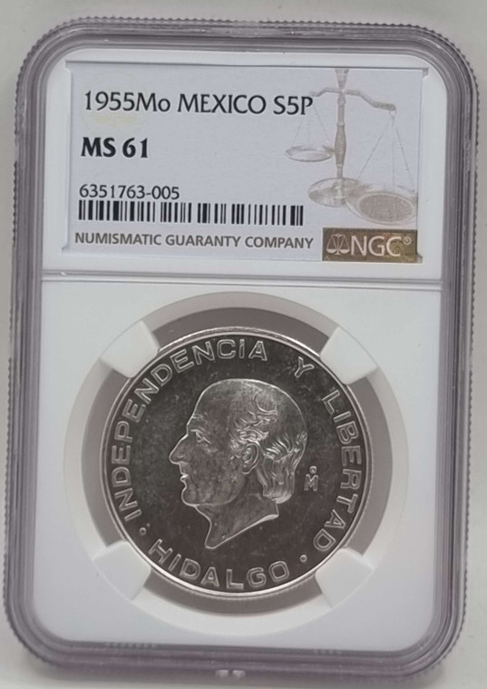 MEXICO 5 Pesos Silver coin 1955 UNC Hidalgo NGC MS 61