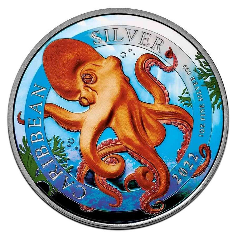 Barbados Caribbean Octopus Colorized Silver Coin 1 oz Limited edition