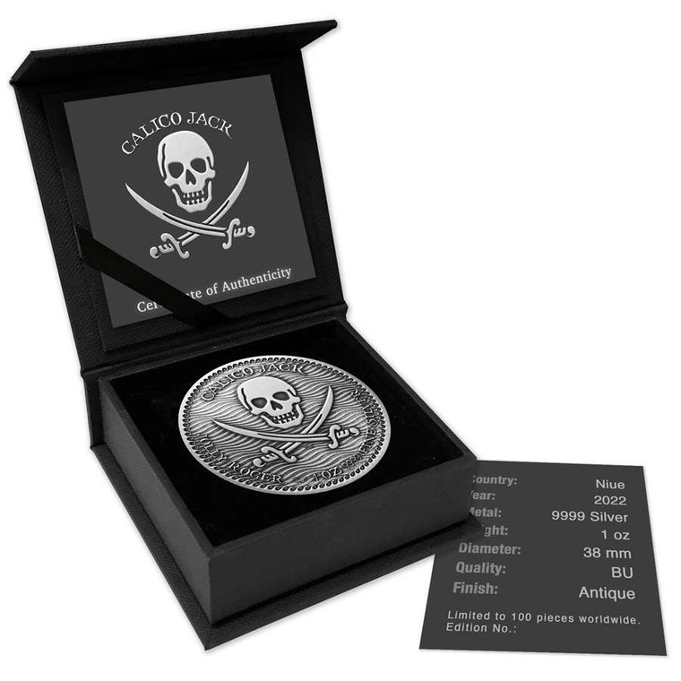 Niue 2022 Calico Jack Antique Finish Jolly Roger Silver Coin PIRATE