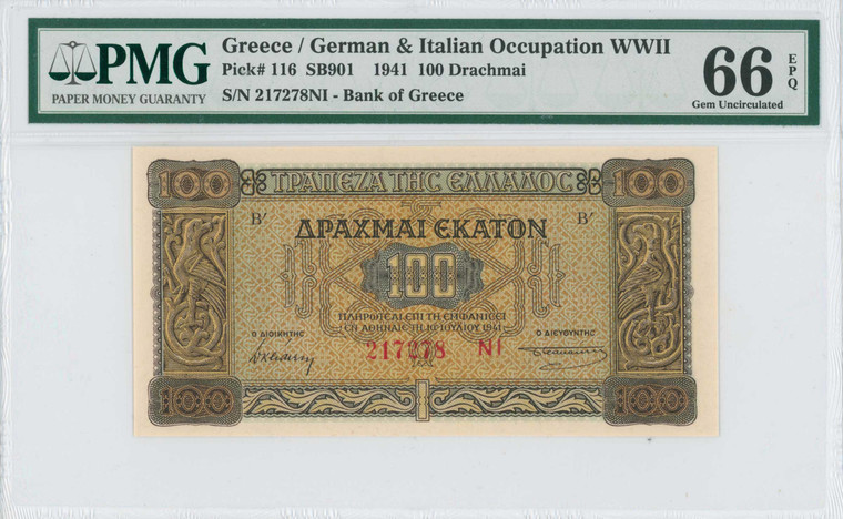 GREECE 100 Drachmas P116 BANKNOTE 1941 WWII PMG 66