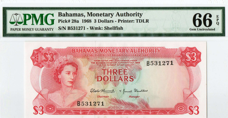 BAHAMAS 1968 3 DOLLARS QEII P28a PMG 66 EPQ