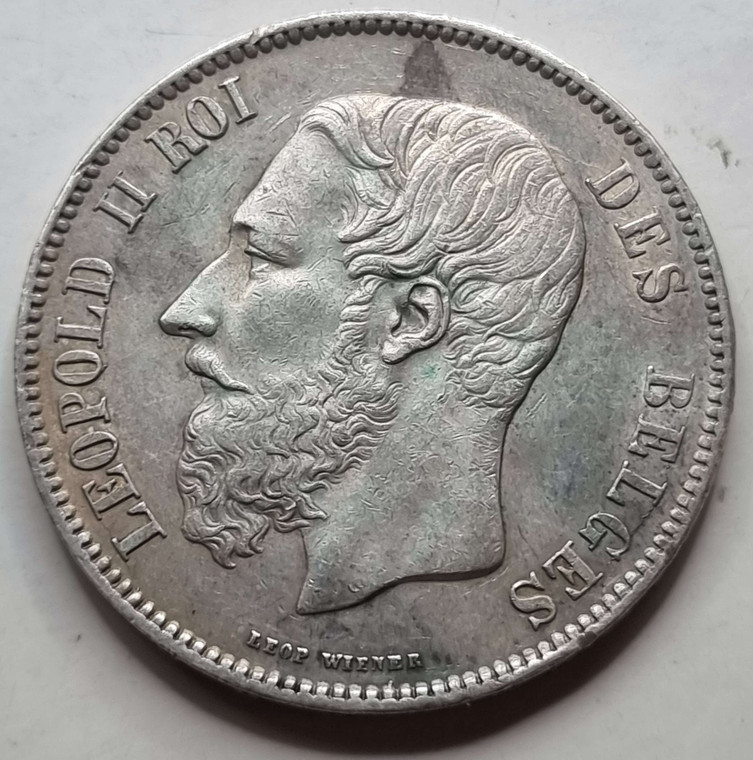 Belgium Leopold II Silver Coin 5 Francs 1871