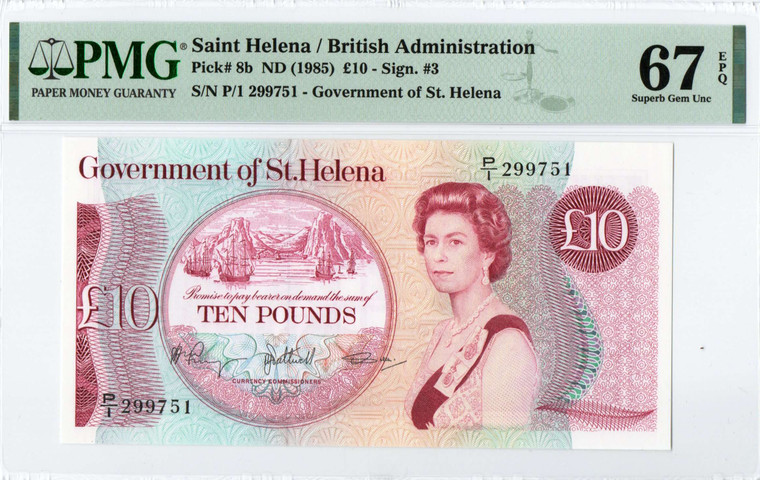 AFRICA SAINT HELENA 1985 10 POUNDS QEII P8b PMG 67 EPQ QUEEN ELIZABETH II