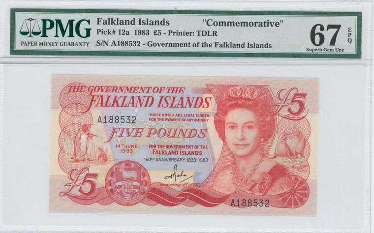 Falkland Islands 1983 P12a PMG 67 EPQ 5 Pound Commemorative Banknote QEII