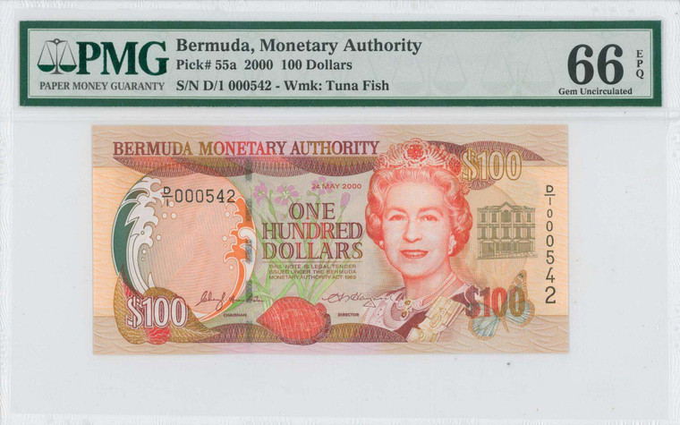 Bermuda 100 Dollars 2000 QEII Banknote P55a PMG 66 EPQ