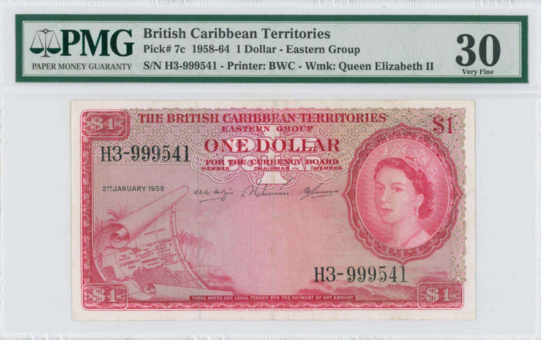 BRITISH CARIBBEAN 1 dollar 1958-1964 QEII Banknote P7c PMG 30